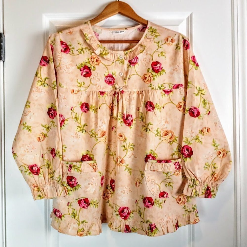 RARE Christian Ribot Magenta Pink Floral Cotton Ruffle Pajama Top
